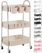 3 Tier Khaki Metal Utility Rolling Cart, Storage Carts with Lockable Wheels by Recximi