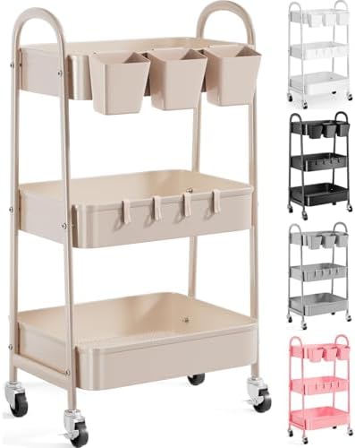 3 Tier Khaki Metal Utility Rolling Cart, Storage Carts with Lockable Wheels by Recximi