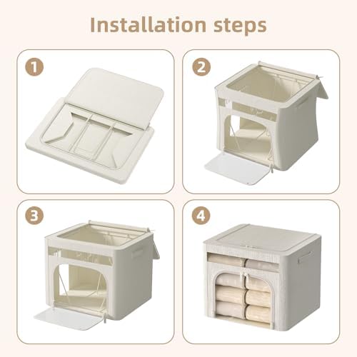 FHSQX 6 Pack Foldable Storage Bins for Clothes Clothes Storage Bins with Metal Frame Stackable Storage Box with Lid (Cream White, 16.5x12.2x12.2 inch (40L)) - Image 6