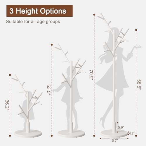Muwuele Coat Rack, Solid Wood Coat Rack Freestanding with 12 Hooks, Coat tree freestanding 3 Adjustable Heights for coat, Hats, Handbags，Coat Stand for Entryway,Bedroom (White) - Image 5