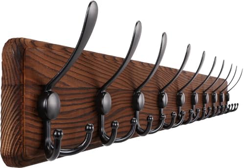 Gohiuo Rustic 38.6" Large Coat Rack Wall Mount, Long Wood Coat Hooks with 10 Triple Hooks, Heavy Duty Wooden Coat Hanger Wall Mount for Entryway, Farmhouse Hanging Jackets, Coats, Hats, Bags,Towel by Gohiuo