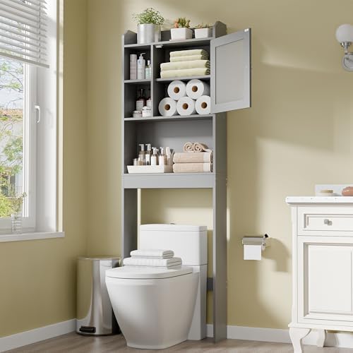 SUPER DEAL Over The Toilet Bathroom Storage Cabinet Freestanding Wooden Bathroom Organizer with Adjustable Shelves and Glass Door, Gray by Superdeal