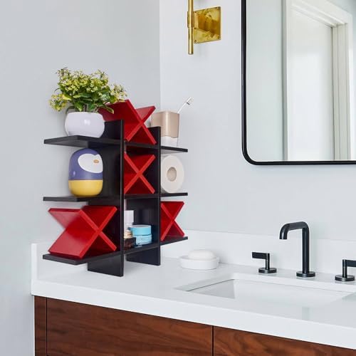 DAOYOUSKY Tic Tac Toe Toilet Paper Holder Stand with 4pcs Wooden X, Farmhouse Rustic Wall Mounted Funny Toilet Papers Storage Organizer with Shelf, Guest Bathroom Decor, Black and Red - Image 5