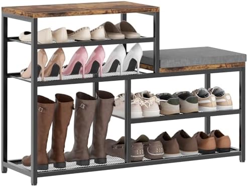 Shoe Rack,Freestanding Hidden Shoe Storage Organizer for Entryway, Shoe Bench Shelves for High Boot with Seat Cushion,Wood Shoe Rack Cabinet for Front Door Entrance Closet, Hallway, 5 Tier,Brown by Katrawu