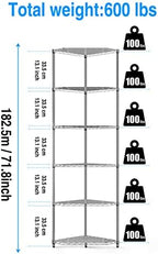 6-Tier NSF Metal Corner Shelf Wire Shelving Unit - 600lbs Capacity, Adjustable, with leveling feet & Shelf Liners - Ideal for Garage, Kitchen - 20" L x 20" D x 72" H - Pentagonal-Shape - Chrome - Image 3