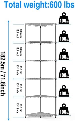 6-Tier NSF Metal Corner Shelf Wire Shelving Unit - 600lbs Capacity, Adjustable, with leveling feet & Shelf Liners - Ideal for Garage, Kitchen - 20" L x 20" D x 72" H - Pentagonal-Shape - Chrome - Image 3