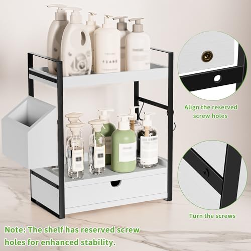 2-Tier Bathroom Counter Organizer, Wooden Vanity Shelf with Drawer & Basket - Image 4