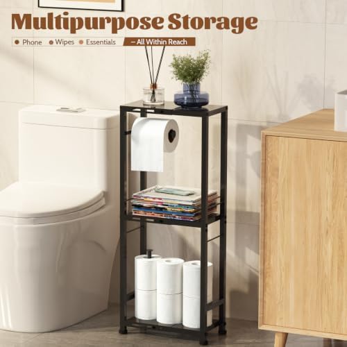 3-Tier Toilet Paper Holder Stand with Storage Shelf, Expandable Width 8.7"-13", Metal Freestanding Slim Floor Standing Toilet Tissue Rack Scroll Stand Roll Dispenser for Bathroom Narrow Space, Black - Image 5