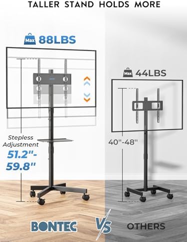 BONTEC Mobile TV Stand for 23-65 Inch TVs, Rolling TV Stand with Locking Wheels, Adjustable Height, Media Shelf, Outdoor TV Stand Max VESA 400x400mm, Holds Up to 88lbs (Pack of 2) - Image 2