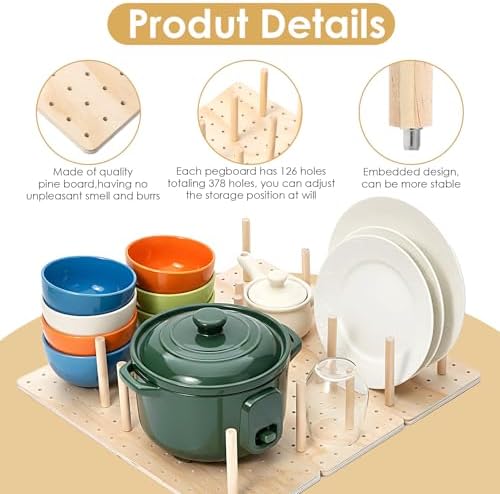 4 Pcs Pegboard Drawer Organizer with 48 Pegs, 20.98x5.91 Inch Wooden Peg Board Kitchen Plate Organizer for Drawer Pegboard Storage Rack with Adjustable Peg for Tableware, Plate, Bowl, Cookware - Image 3