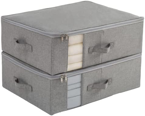 Under Bed Storage with Clear window/ 600D Sturdy Fabric, Underbed Storage Containers Bags for Clothes, Clothing, Blanket, Comforters (M（21.7x16.5x7in） for under bed storage, Light grey) by CANFODUS