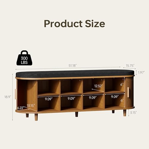 DHH 2-Tier Storage Bench,Wide Shoe Bench with Thickened Padded Seat Cushion, Mid Century Modern Fluted Sliding Door and Adjustable Shelf, for Entryway, Living Room, Bedroom (Yellow Walnut, 51.2”) - Image 2