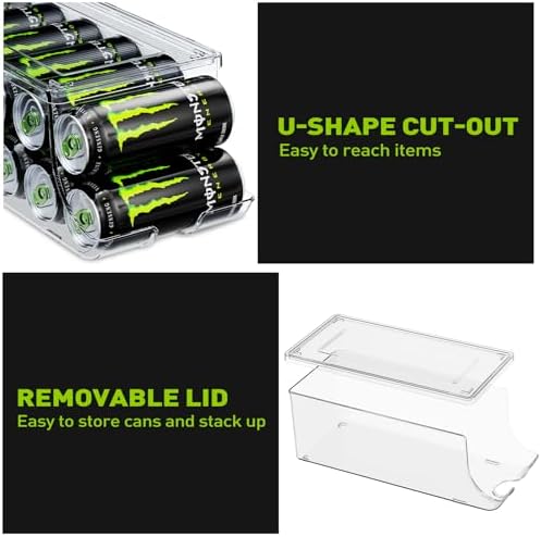 SCAVATA 4 Pack Tall Skinny Can Organizer for Refrigerator, Stackable Large Soda Cans of 16oz & 17oz Beverage Energy Drink Container Holder Dispenser with Lid for Fridge, Clear Storage Plastic Bins - Image 4