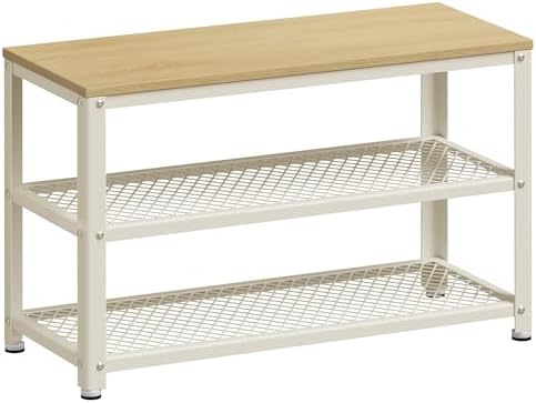 VASAGLE 3-Tier Shoe Rack, Storage Bench with Metal Mesh Shelves and Seat by VASAGLEbySONGMICSHOME