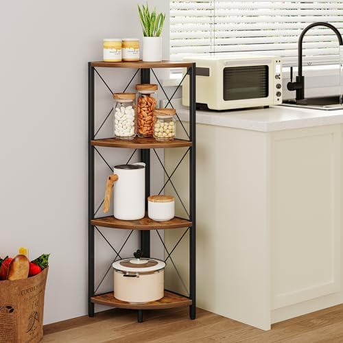 Snughome Rustic Corner Shelf Stand for Desktop, 4 Tier Corner Storage Plant Shelf, Freestanding Corner Shelf Display Rack, Multi-Unit Organizer for Living Room, Home Office, Small Space，Rustic Brown - Image 7