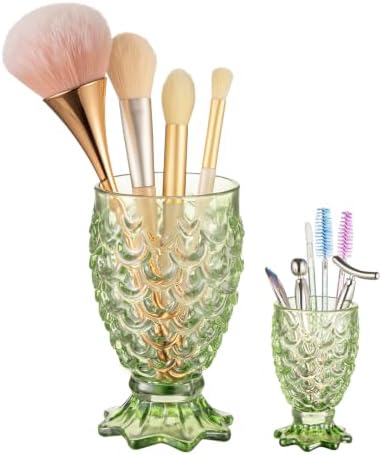 DASITON Glass Makeup Brush Holder, Bathroom Toothbrush Holders, Desk Pen Pencil Holder, Crystal Makeup Brush Cup, Multifunctional Cosmetic Brushes Storage Organizer for Vanity (Green S+L) by DASITON