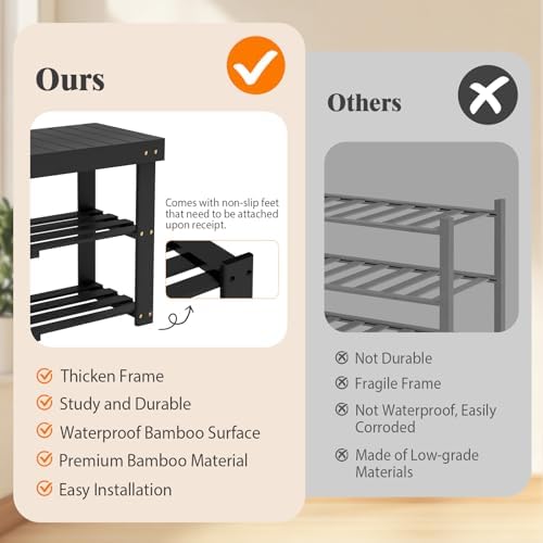 BAMBUROBA Bamboo Shoe Bench, 3-Tier Entryway Storage Rack,Black - Image 6