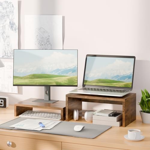 TEAMIX 2-Pack Monitor & Laptop Stand Riser, Wood High-Low Dual Monitor Set - Image 2