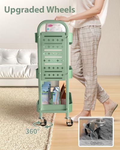 ALVOROG 3 Tier Metal Rolling Utility Cart with Pegboards,Baskets,Hook,Green - Image 4