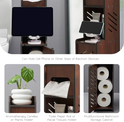 Small Toilet Paper Holder with Storage, Behind Toilet Storage Cabinet for Bathroom Corner, Slim Toilet Paper Holder Stand (Walnut Wood) - Image 4