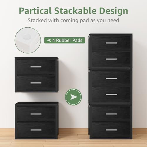 BOLUO Stackable Storage Drawers Closet Organizers and Storage Fabric Black 2 Drawer Dresser for Bedroom 2 Packs Modern - Image 4