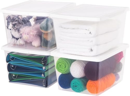 IRIS USA 4-Pack 25 Qt Storage Bins with Lids, Stackable Box, Clear/White by IRISUSA