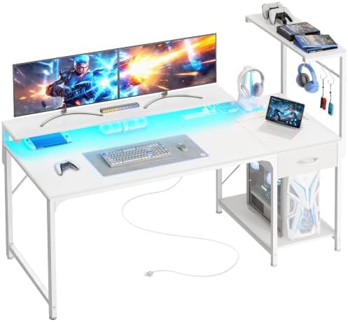 PRAISUN 55.1 Inch Gaming Desk with LED Lights & Power Outlets by PRAISUN