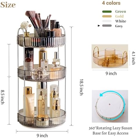 Aveniee 360° Rotating Makeup Organizer for Vanity, Upagraded Perfume Skincare Bathroom Counter Organizers with Brush Divider, 3 Tier Spinning Lipstick Cosmetic Lotion Storage,Grey - Image 4