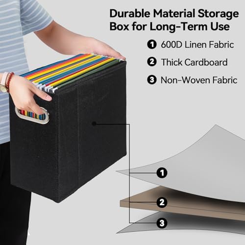 8 Packs Letter Size File Organizer, File Folders Organizer, Fabric Storage Box, Collapsible Paper Organizer with Metal Handle, Smooth PVC Rails, Only Box (Black) - Image 3