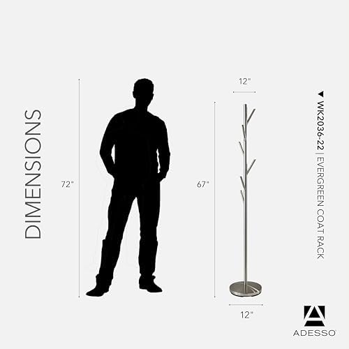 Adesso Coat Rack, Brushed Steel, 6 Hooks, Space-Saving, 67" - Image 6