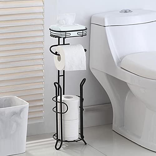 SunnyPoint Bathroom Heavyweight Toilet Tissue Paper Roll Storage Holder Stand with Reserve and Shelve, The Reserve Area Has Enough Space to Store Mega Rolls. (Black) - Image 2