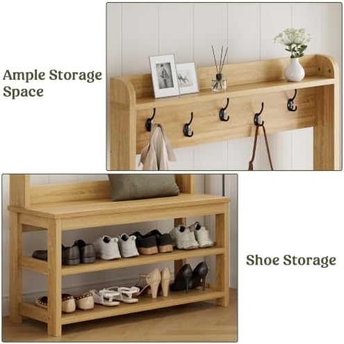 Hall Tree with Bench and Shoe Storage, 31.5” Coat Rack Entryway Organizer - Image 5