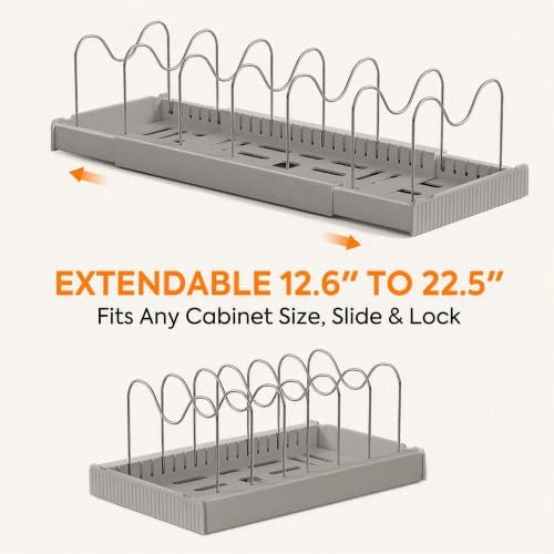 2 Pack Expandable Pots and Pans Organizer under Cabinet, Adjustable Pot Lid Organizer Rack with 9 Stainless Steel Dividers, Food Container Lid Holder for Kitchen Countertop Storage (Gray) - Image 3