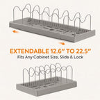 2 Pack Expandable Pots and Pans Organizer under Cabinet, Adjustable Pot Lid Organizer Rack with 9 Stainless Steel Dividers, Food Container Lid Holder for Kitchen Countertop Storage (Gray) - Image 3