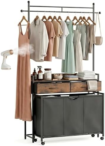 Mondeer 150L Laundry Sorter with Hanging Rack, 3 Compartments, 2 Drawers - Image 2