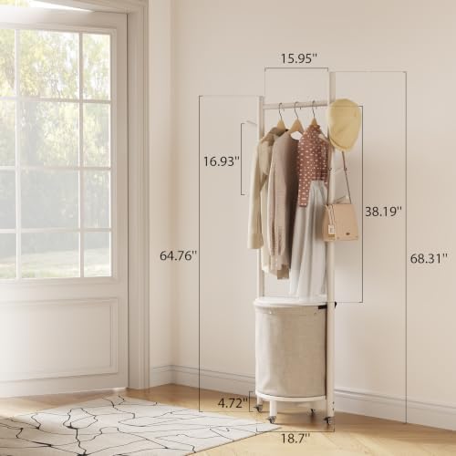 CycleCrew Solid Wood Coat Rack with Fabric Basket - Freestanding Coat Rack Rolling Coat Tree with 9 Hooks Wheels, Small Clothes Rack For Entryway Bedroom Hallway Living Room - Image 2