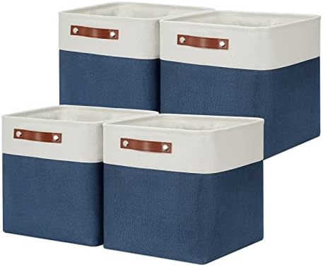 DULLEMELO Foldable Storage Cubes 12 x 12 Organizer Bins,Canvas Storage Bins Empty Gift Baskets for Organizing with SturdyLeather Handles, Closet Baskets for Nursery Storage(4 Pack - 12" White&Blue) by DULLEMELO
