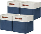 DULLEMELO Foldable Storage Cubes 12 x 12 Organizer Bins,Canvas Storage Bins Empty Gift Baskets for Organizing with SturdyLeather Handles, Closet Baskets for Nursery Storage(4 Pack - 12" White&Blue) by DULLEMELO