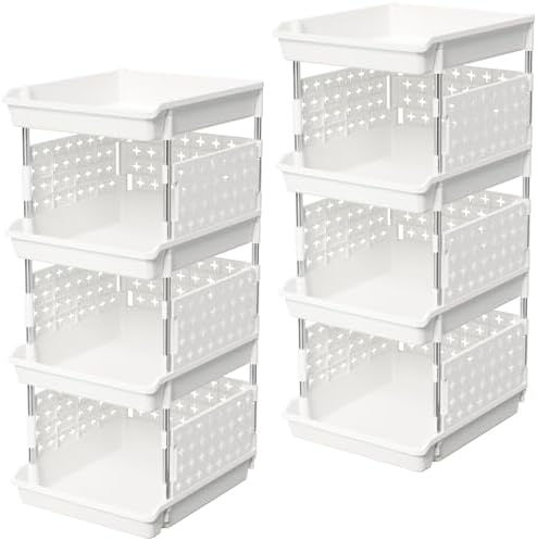 Lifewit 4 Tier Plastic Stackable Storage Baskets for Clothes 2 Pack, White by Lifewit