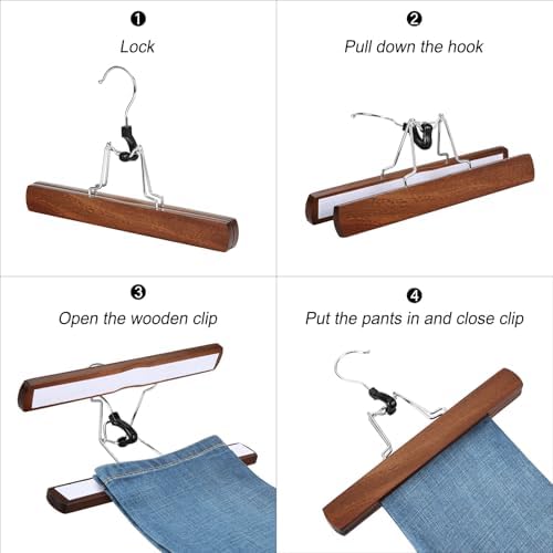 TOPIA HANGER 24 Pack Wooden Pants Hangers, Hair Extension Hangers Non Slip Skirt Hanger Wood Clamp with Velvet Padded 360° Swivel Hook for Jeans, Skirts, Trousers, Wigs Walnut CT68WA - Image 5