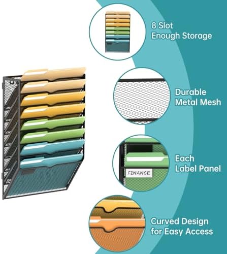 SUPEASY 8 Tier Wall File Organizer, Hanging Wall Mounted Mail Organizer with Label Slots, Metal Mesh File Holder Magazine Rack for Office, Home, School or Classroom, Black - Image 3