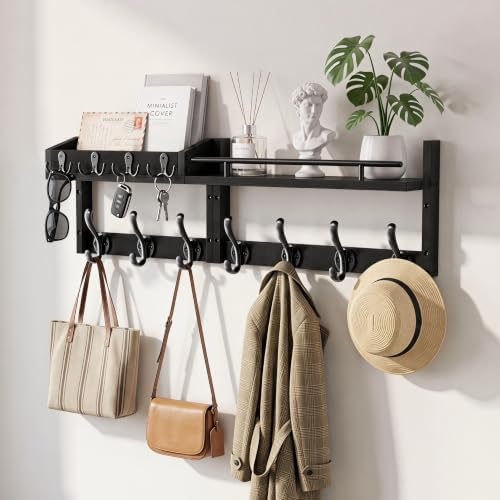 29” Coat Rack Wall Mount with Shelf, Coat and Key Hanger with Metal Hooks by ZUJJAFY