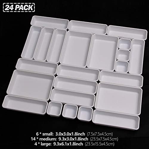 Set of 24 Interlocking Desk Drawer Organizer Tray Dividers Plastic Shallow Narrow Drawers Organizers Separators Storage Bins Container for Kitchen Bathroom Makeup Office Vanity Bedroom Dresser White - Image 3