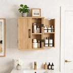 YATINEY Bathroom Wall Cabinet, Medicine Cabinet Wall Mounted, Over The Toilet Storage Cabinet, Fluted Cabinet with 2 Doors, for Bathroom, Kitchen, Laundry Room, Natural - Image 2