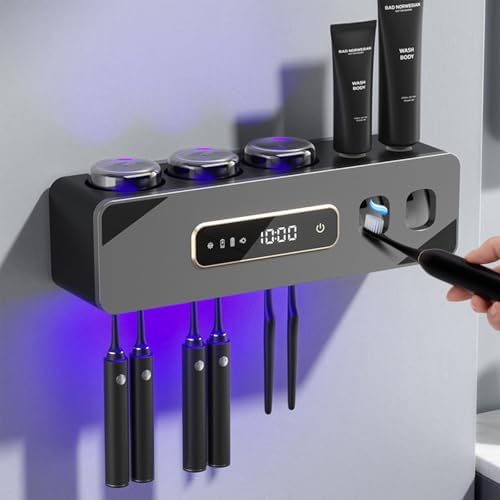Automatic Toothpaste Dispenser,Rechargeable Toothbrush Holders for Bathrooms,3 Cups Electric Toothbrush Holder Wall Mounted with Toothpaste Dispenser Bathroom Decor (Grey) by Wekity