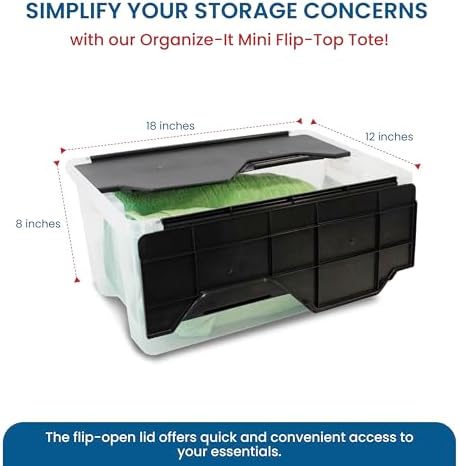 ORGANIZE-IT!, 6-Pack Flip-Top Tote 28 Qt, Storage Bin with a Clear Plastic Base, Black Lid, Stackable, 18" L X 12" W X 8" H - Image 2