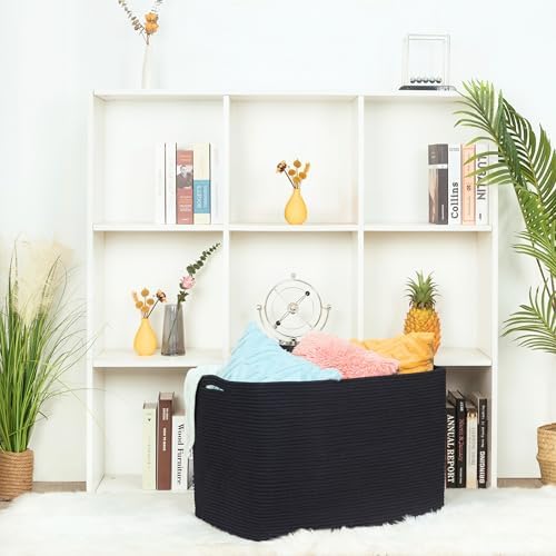 MINTWOOD Design 112L Extra Large Blanket Basket Holder Living Room, 25"x17"x16" Rectangle Rope Woven Storage Basket with Handles for Laundry, Pool Towels, Shoes, Dog Toy Organizer Bin Box, Black - Image 5
