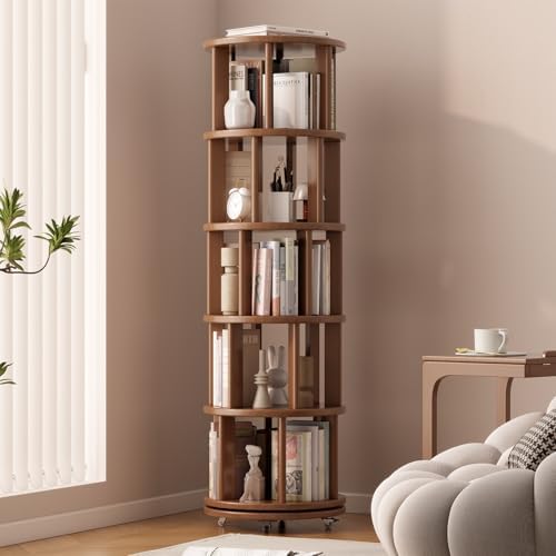 Muwuele 5 Tier Solid Wood Rotating Bookshelf Tower on Wheels, Walnut by Muwuele