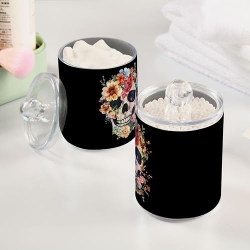 Fustylead 4 Pack Retro Floral Skull Watercolor Qtip Holder Dispensers for Cotton Swab, Ball, Round Pads, Floss, Plastic Apothecary Jar Set for Bathroom Canister Storage - Image 4