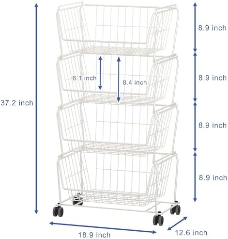 PUSDON 4-Tier Large Stackable Wire Storage Baskets with Wheels, Metal Rolling Utility Cart Organizer, Produce Basket for Kitchen Pantry, Floor Shelf, Classic White - Image 5